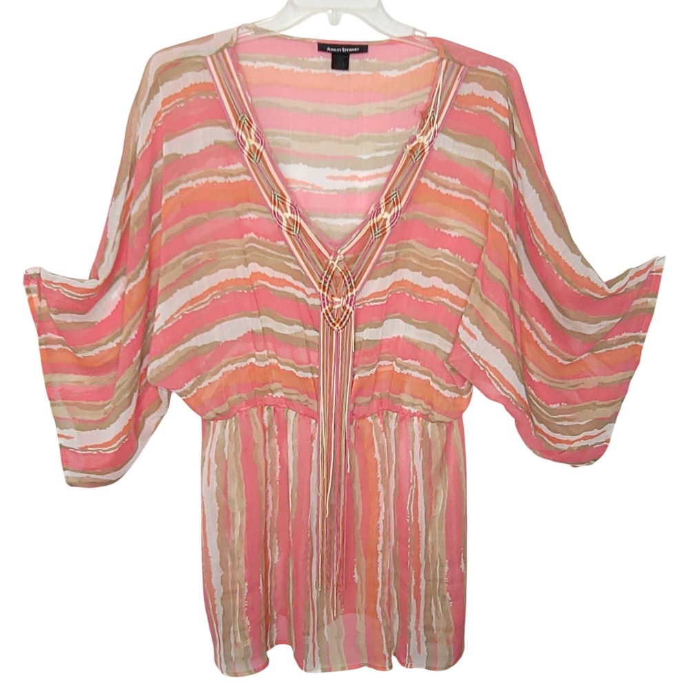 Ashley Stewart Chiffon Tunic 14/16 Coral Aztec Peasant Macrame Boho Beach Resort